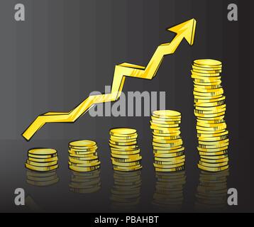 Monete di pile con la riflessione, aumentando la freccia rétro in stile cartone animato. Golden denaro illustrazione vettoriale. Il successo aziendale, crediti bancari, deposito, inv Illustrazione Vettoriale