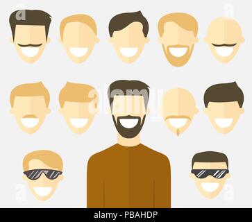 Piatta faccia uomo set. Avatar icone. Vector cartoon charactersOE impersonale Illustrazione Vettoriale