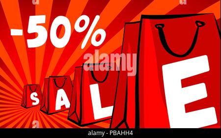 Vendita carta borse per lo shopping. Rosso sfondo raggi e la pubblicità vista in prospettiva. Illustrazione Vettoriale. Sconto retrò concetto di banner. Illustrazione Vettoriale