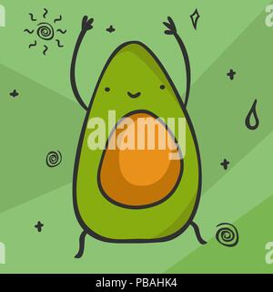 Carino kawaii cartoon avocado. Sorridente e danza di carattere vegetale. Cibo sano prodotto. Illustrazione Vettoriale. Illustrazione Vettoriale