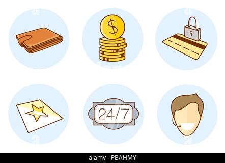 E-commerce linea piatta icone. Set di colorate icone dello shopping. Illustrazioni vettoriali. Illustrazione Vettoriale