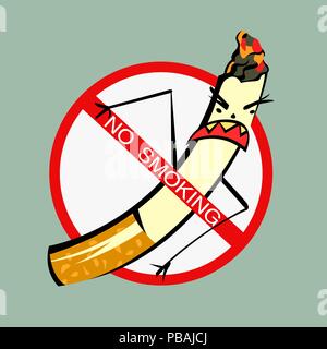Non fumare segno del vettore. Male il carattere di sigaretta. Fumetti in stile cartone animato Illustrazione Vettoriale