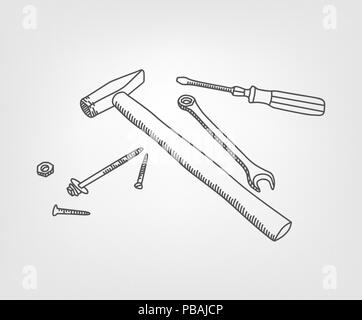 Doodle strumenti di lavoro. In costruzione concept composizione. Illustrazione Vettoriale Illustrazione Vettoriale