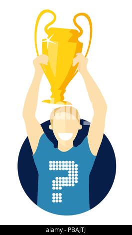 Uomo con golden cup, vettore design piatto, chi vincerà il concetto del campionato Illustrazione Vettoriale