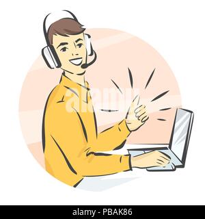 Per il supporto dei call center, illustrazione vettoriale, uomo in cuffie vivavoce lavorando su laptop e mostrando il pollice in alto Illustrazione Vettoriale