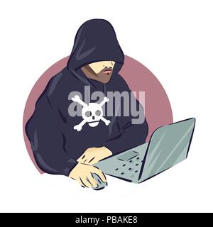 Hacker su laptop icona, web segno penale, illustrazione vettoriale Illustrazione Vettoriale