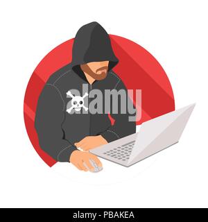 Hacker su laptop icona, design piatto web segno penale, illustrazione vettoriale Illustrazione Vettoriale