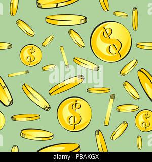 Seamless pattern di denaro, monete d'oro con il simbolo del dollaro cadere, illustrazione vettoriale Illustrazione Vettoriale