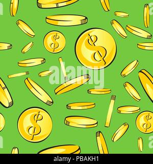 Seamless monete pattern di pioggia, oro di denaro con il simbolo del dollaro cadere, illustrazione vettoriale Illustrazione Vettoriale