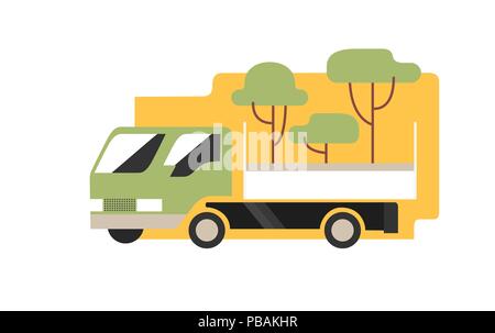 Agricoltore pickup truck con alberi giovani per il giardinaggio, piatto stile icona vettore Illustrazione Vettoriale