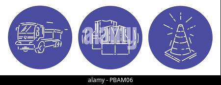 Set di vettore di opere stradali icone: carrello, giubbotto e cono. Appartamento in stile linea Illustrazione Vettoriale