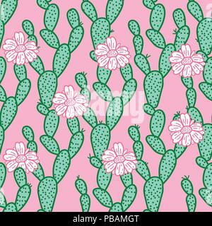 Carino disegnati a mano modello senza cuciture con verde cactus. Illustrazione Vettoriale su rosa. Illustrazione Vettoriale