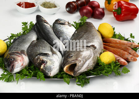 Assortimento di pesce crudo su piastra Foto Stock