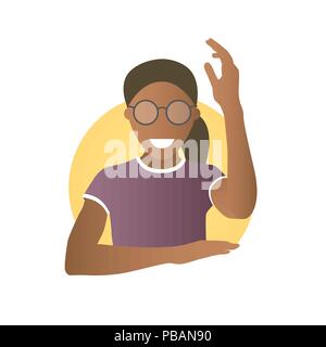 Pronti, desiderosi di rispondere o di contribuire a nero ragazza in bicchieri. Gradiente di piatto icona di stile africano di Pretty Woman con la mano verso l'alto. Modificabile semplicemente isolato su whi Illustrazione Vettoriale