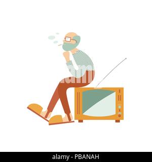 Il vecchio uomo sedi sulla vecchia TV retrò, fumo e sogno. Vettore di piana illustrationOE Illustrazione Vettoriale