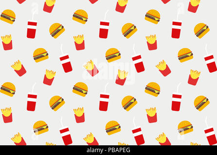 Il fast food hamburger, patatine fritte e bere sfondo pattern Foto Stock