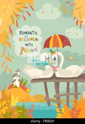 Carino romantico cigni in autunno park Illustrazione Vettoriale