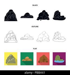 Massi, una montagna tondeggiante, rocce in mare. Montagne di diversi set di icone di raccolta in nero,appartamento,Outline stile simbolo vettore illustrazione stock Illustrazione Vettoriale