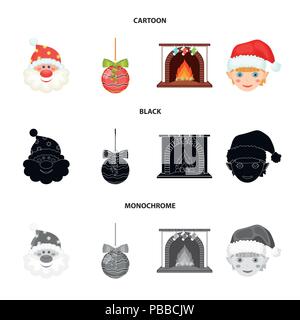 Santa Claus, nana, camino e decorazione cartoon,Black,icone monocromatiche in set di raccolta per il design. Vettore di Natale simbolo illustrazione stock. Illustrazione Vettoriale