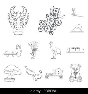 Paese Giappone delineare le icone nella raccolta di set per design.Il Giappone e landmark simbolo vettore illustrazione stock. Illustrazione Vettoriale