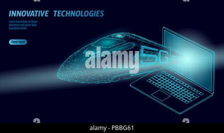 5G nuovo ferroviario ad alta velocità a Internet wireless wifi concetto. Globale più veloce treno ferroviario. Bassa poli blu scuro triangolo poligonale laptop punti dati sull'innovazione tecnologia tasso di illustrazione vettoriale Illustrazione Vettoriale