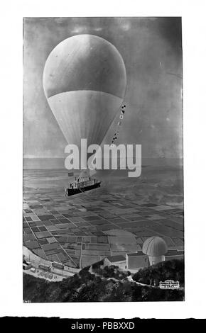 . Inglese: la pittura di un palloncino viaggio a Mount Lowe come previsto dal Professor Thaddeus S.C. Lowe, ca.1895-1910 fotografia di un dipinto da Omero A. Hamer di un palloncino viaggio a Mount Lowe come previsto dal Professor Thaddeus S.C. Lowe dal prospetto, ca.1895-1910. Otto passeggeri su una nave sospesa da una enorme bandiera addobba palloncino guardare in basso sul patchwork terreni agricoli nella valle sottostante come il veicolo si avvicina all'Osservatorio sulla vetta del Monte Lowe. Il Monte Lowe ferrovia è inoltre raffigurato. La didascalia recita "dipinta da Omero A. Hamer, artista dei paesaggi, UN1257, 406 Henne Bldg. - Los un Foto Stock