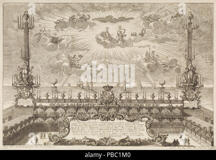 Ignacio Valls; Joan Pau canali Camps / 'Decorations di fronte al Royal Palace in Barcelona per l arrivo di Carlo III". 1759. Incisione su avorio carta vergata; 1759. Incisione su avorio di cui la carta. Museo : Museo del Prado di Madrid, España. Foto Stock