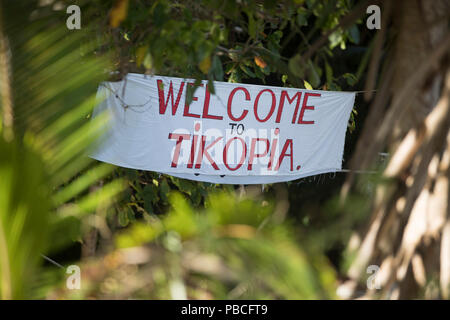 Benvenuto a Tikopia segno, Isole Salomone Foto Stock