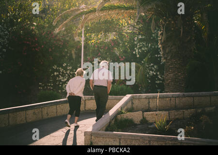Coppia di anziani camminando sulla passeggiata lungo le palme. Foto Stock