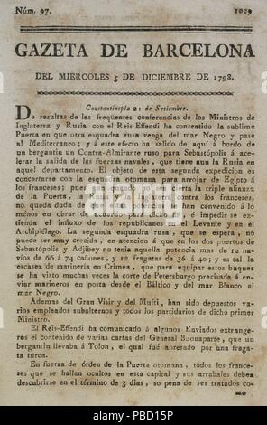 Gazeta de Barcelona, 5 de diciembre de 1798. Núm. 97. Portada. Biblioteca Histórico Militar de Barcelona. Cataluña. España. Foto Stock