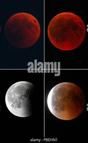 Füssen, Germania. Il 27 luglio 2018. Il combo mostra le diverse fasi della Lunar Eclipse dall'inizio dell'inscurimento (dall'alto a sinistra in senso orario) alla totalità fino ad uscire dall'ombra. Durante la più lunga eclissi lunare del XXI secolo, la luna si tuffa nel cono d'ombra della Terra. Allo stesso tempo, Marte è il più vicino alla terra come rari. Foto: Karl-Josef Hildenbrand/dpa Credito: dpa picture alliance/Alamy Live News Foto Stock