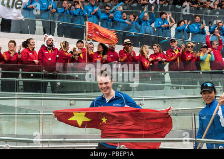 Liverpool, Regno Unito. Il 28 luglio 2018. Merseyside, Liverpool, Albert Docks, il giro del mondo Race Clipper 17-18. Fine della gara le celebrazioni. Credito: Rena perla/Alamy Live News Foto Stock