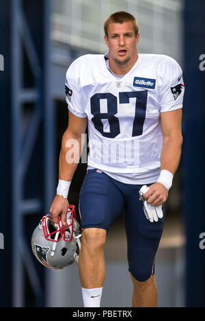 Gillette Stadium. 28 Luglio, 2018. MA, USA; New England Patriots stretto fine Rob Gronkowski (87) prende il campo durante il New England Patriots Training Camp a Gillette Stadium. Anthony Nesmith/CSM/Alamy Live News Foto Stock