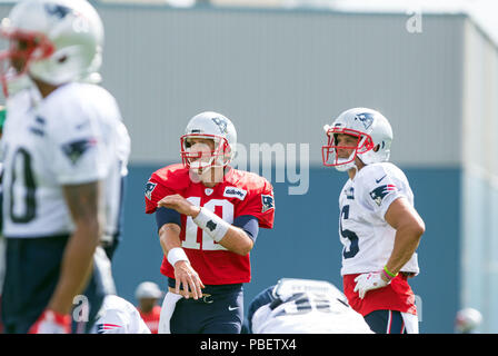 Gillette Stadium. 28 Luglio, 2018. MA, USA; New England Patriots quarterback Tom Brady (12) durante il New England Patriots Training Camp a Gillette Stadium. Anthony Nesmith/CSM/Alamy Live News Foto Stock
