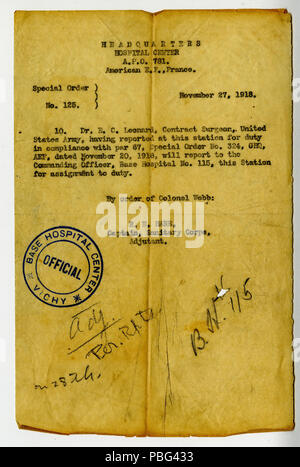 1557 Ordine speciale n. 125, estrarre copia 4, sede del Centro ospedaliero, A.P.O. 781, Francia, 27 novembre 1918 Foto Stock