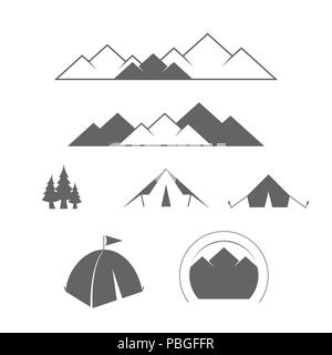 Camping, all'aperto o avventura di montagna della foresta e spedizioni. Il turismo alpino. Gli elementi di design impostato per il Web Design, banner, presentazioni o Foto Stock