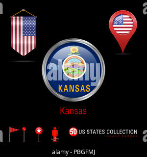 Round Badge in argento con Kansas USA Flag di stato. Pulsante lucida bandiera del Kansas. Round Icona del Kansas con telaio di metallo. Pennant bandiera degli Stati Uniti d'America. Puntatore Mappa - Foto Stock