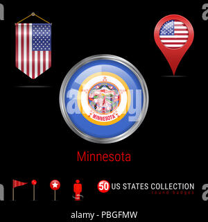 Round Badge in argento con Minnesota USA Flag di stato. Pulsante lucida bandiera del Minnesota. Round Icona del Minnesota con telaio di metallo. Pennant bandiera degli Stati Uniti d'America. Mappa P Foto Stock