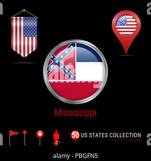 Round badge di argento con la bandiera del Mississippi. Pulsante lucida bandiera del Mississippi. Round Icona del Mississippi con telaio di metallo. Pennant bandiera degli Stati Uniti d'America. Mappa puntare Foto Stock