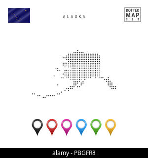 Punti mappa pattern dell'Alaska. Stilizzata semplice silhouette dell'Alaska. La Bandiera dello stato dell'Alaska. Insieme multicolore i marcatori mappa. Illustrazione Isola Foto Stock
