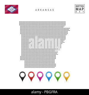Punti mappa di pattern di Arkansas. Stilizzata semplice silhouette dell'Arkansas. La bandiera dello Stato di Arkansas. Insieme multicolore i marcatori mappa. Illustrazione Foto Stock