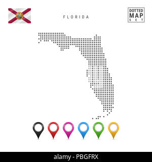 Punti mappa di pattern della Florida. Stilizzata semplice silhouette della Florida. La bandiera dello Stato della Florida. Insieme multicolore i marcatori mappa. Illustrazione è Foto Stock