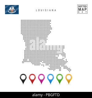 Punti mappa di pattern della Louisiana. Stilizzata semplice silhouette della Louisiana. La bandiera dello Stato della Louisiana. Insieme multicolore i marcatori mappa. Illustrat Foto Stock