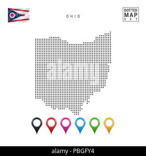 Punti mappa di pattern di Ohio. Stilizzata semplice silhouette dell'Ohio. La Bandiera dello stato dell'Ohio. Insieme multicolore i marcatori mappa. Illustrazione isolati su Foto Stock