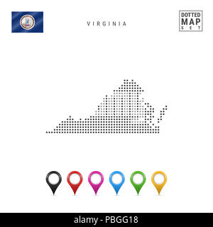 Punti mappa di pattern della Virginia. Stilizzata semplice silhouette della Virginia. La bandiera dello Stato della Virginia. Insieme multicolore i marcatori mappa. Illustrazione Foto Stock