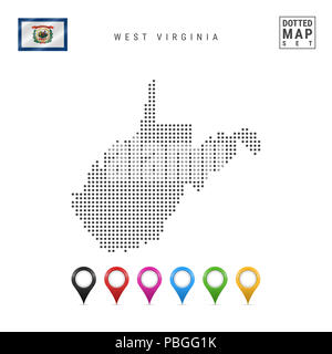 Pattern a punti mappa di West Virginia. Stilizzata semplice Silhouette di West Virginia. La bandiera dello Stato della Virginia Occidentale. Mappa multicolore set di marcatori. Foto Stock