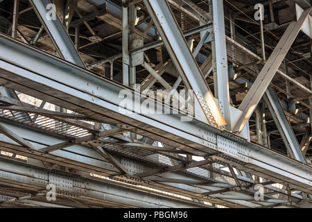 Frammento di metallo treno via ponte closeup vista dal basso Foto Stock