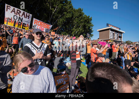 Round 16 del NRL stagione vide WestsTigers prendere sulla Gold Coast Titans a Sydney's Leichhardt ovale nella parte anteriore di un vicino alla capacità folla di tigri ventole Foto Stock