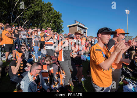 Round 16 del NRL stagione vide WestsTigers prendere sulla Gold Coast Titans a Sydney's Leichhardt ovale nella parte anteriore di un vicino alla capacità folla di tigri ventole Foto Stock