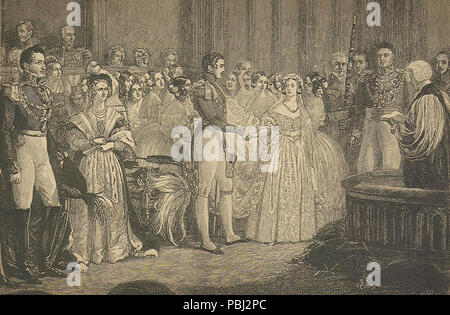 . Inglese: il matrimonio della regina Vittoria e il principe Alberto, 10 febbraio, 1840. Incisione digitalizzati dal xix secolo libro . 1886 1805 VictoriaAlbertMarriageEngraving Foto Stock